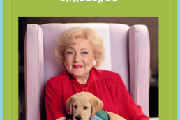 Betty White sitting in a chair with a guide dog for the blind.
